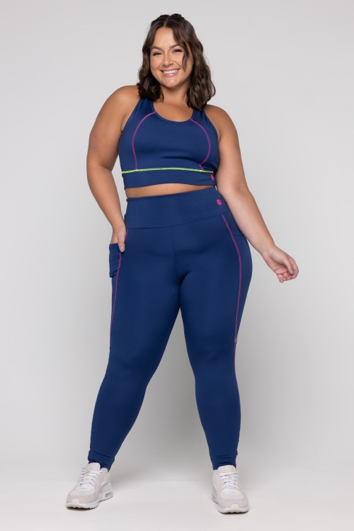 Calça Legging Com Bolso e Pesponto Azul Marinho